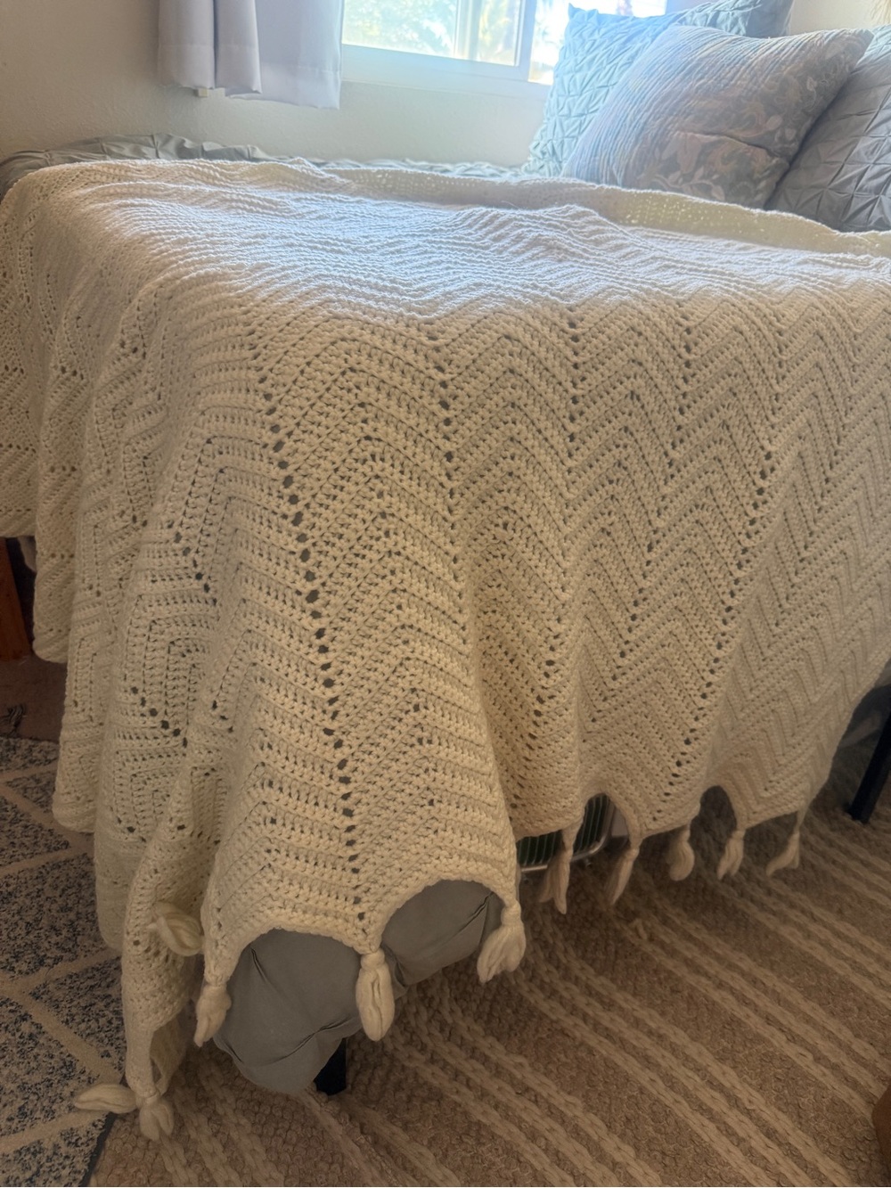 Vintage handmade cotton afghan butter yellow cream knit blanket fringe tassels